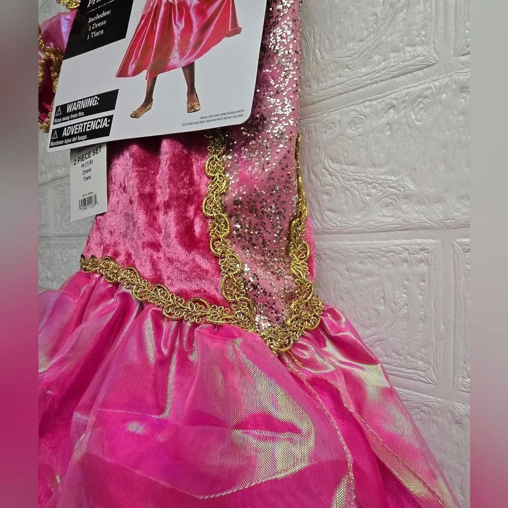Pink Princess Costume Dress Tiara Gold Sparkled Size M 7/8 Pretend Play Cosplay